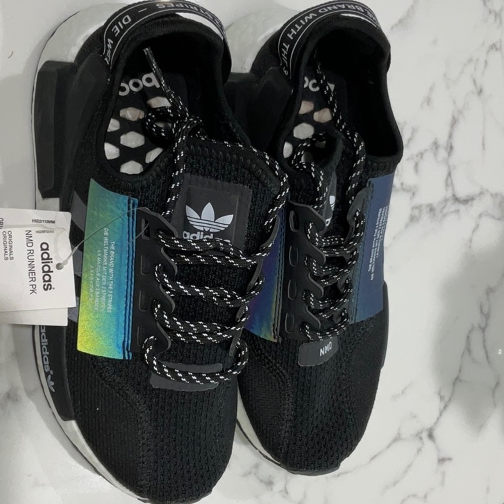 New Adidas NMD Runner PK Black and White with Rainbow Strips Shoes